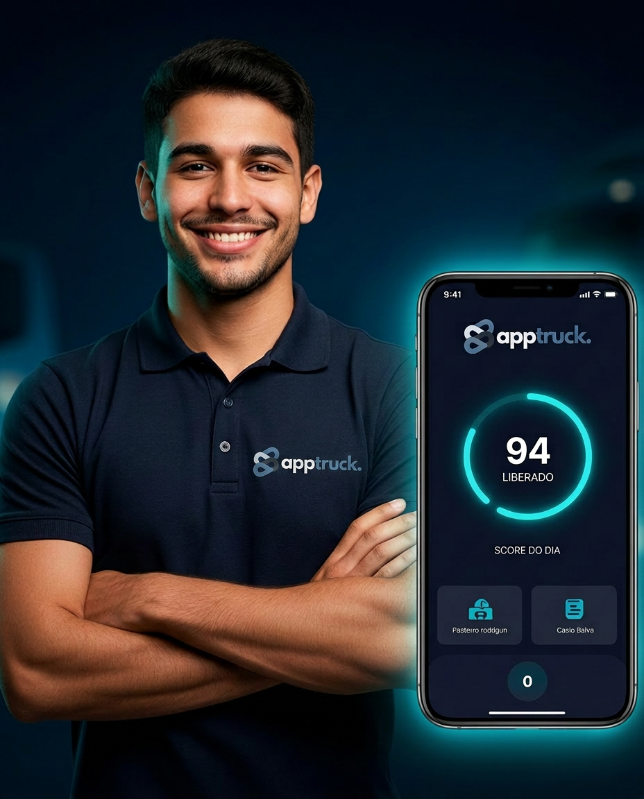 Motorista APPTRUCK sorrindo com camisa da marca e celular mostrando o app
