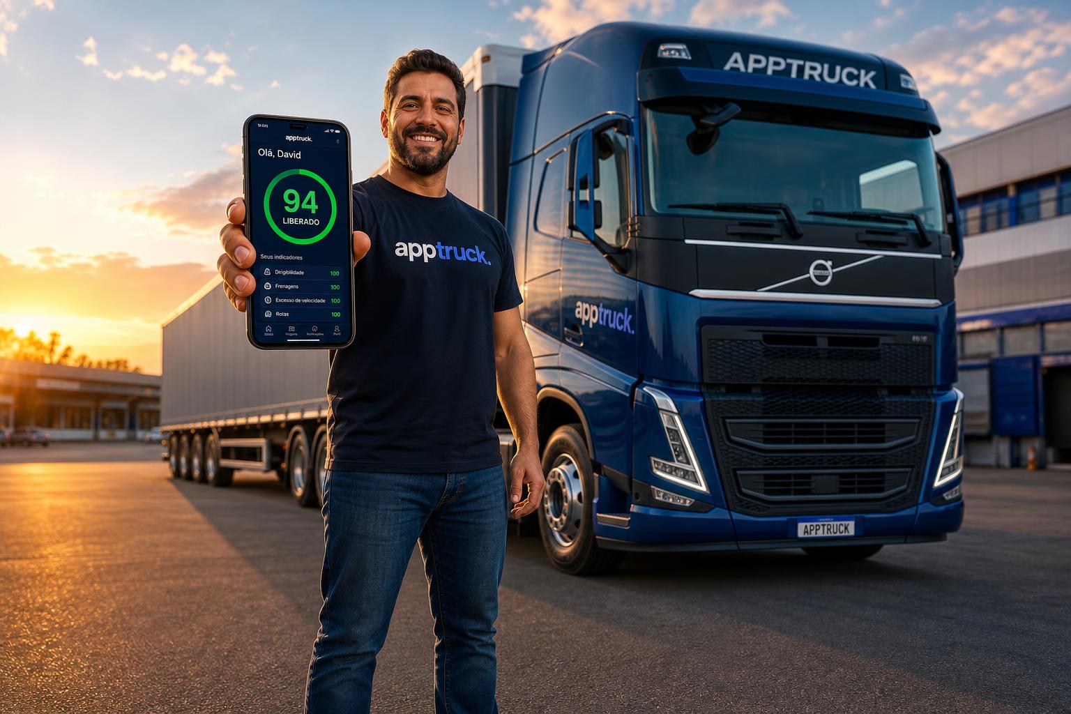 Motorista APPTRUCK ao lado de caminhão moderno mostrando o app com score liberado